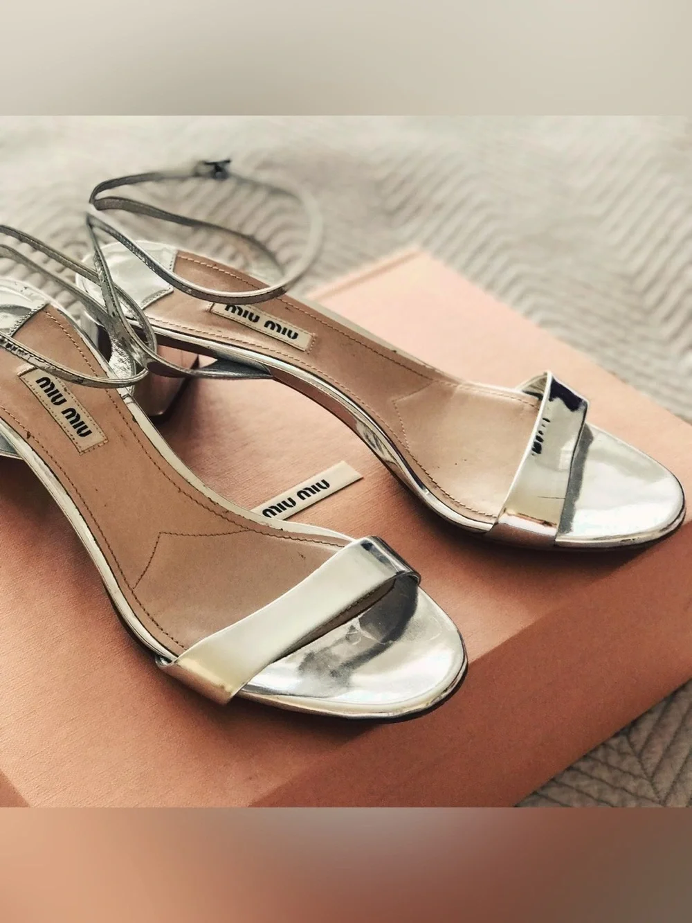 Miu Miu Metallic Silver Ankle-Strap block heels Sandals